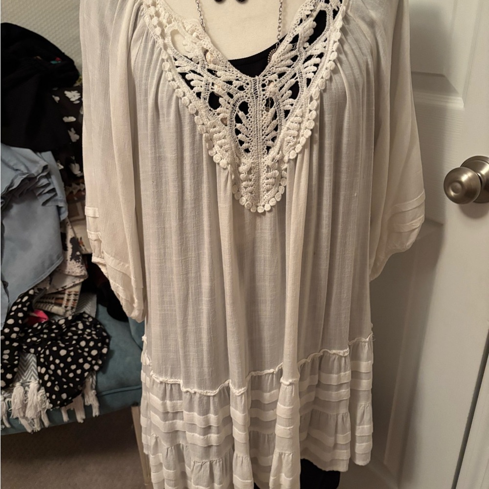 Umgee Cream Crochet V-Neck Boho Tunic
